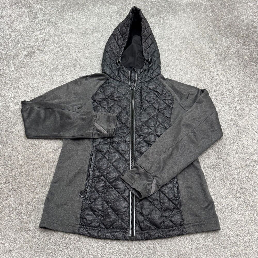 Michael Kors Quilted Hybrid Down Packable Hooded Jacket Coat Women PM Black Gray